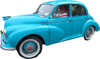 Beryl, a turquoise Morris Minor